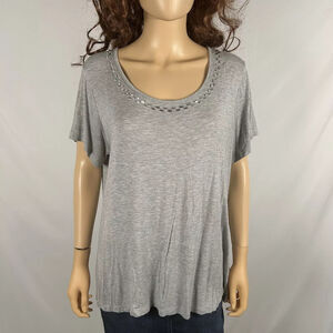Jaclyn Smith Gray Beaded Short Sleeve Blouse Top Shirt 1X Business Casual Scoop